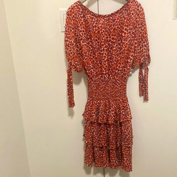 Maje Paris Rafia Print Mini Dress with Smocked Waist. Orange/Blue. Size Medium. - Picture 3 of 9